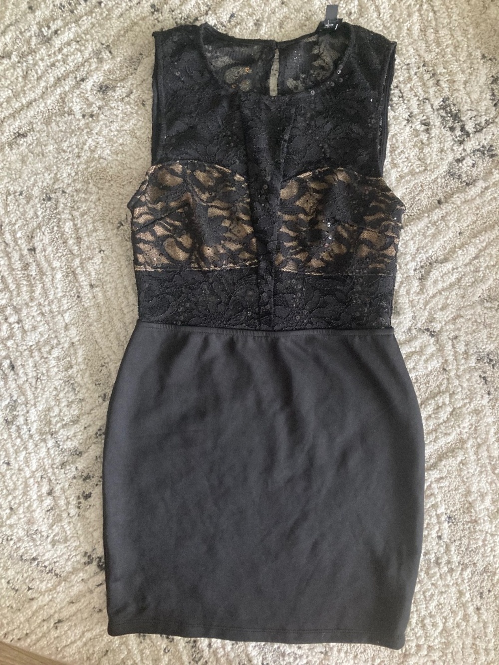 New Bebe 2b black cream lace floral top cutout back dress m medium